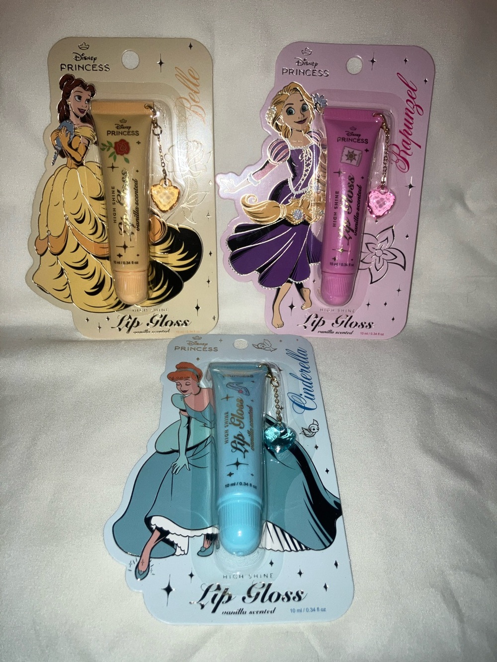 Disney Princess Lip Gloss Trio with Charms Belle Cinderella‎ Repunzel  Vanilla